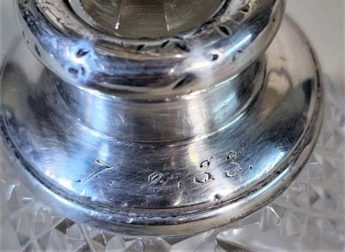 NINETY YEAR OLD 1932 HENRY PERKINS and SONS CUT GLASS SCENT BOTTLE WITH STERLING SILVER COLLAR