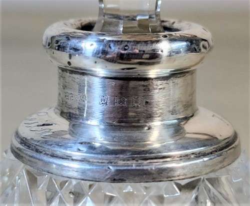 NINETY YEAR OLD 1932 HENRY PERKINS and SONS CUT GLASS SCENT BOTTLE WITH STERLING SILVER COLLAR