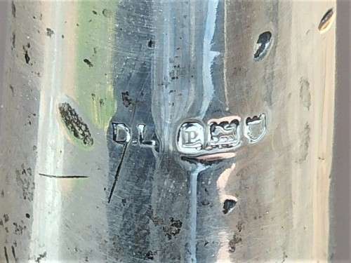 A 1910 DAVID LOEBL SCHINDLER and CO STERLING SILVER COLLAR ON A TALL CYLINDRICAL GLASS SCENT BOTTLE