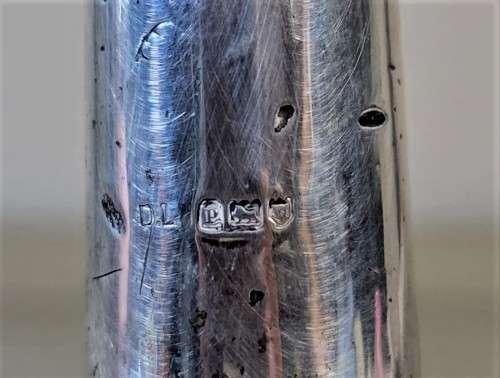 A 1910 DAVID LOEBL SCHINDLER and CO STERLING SILVER COLLAR ON A TALL CYLINDRICAL GLASS SCENT BOTTLE