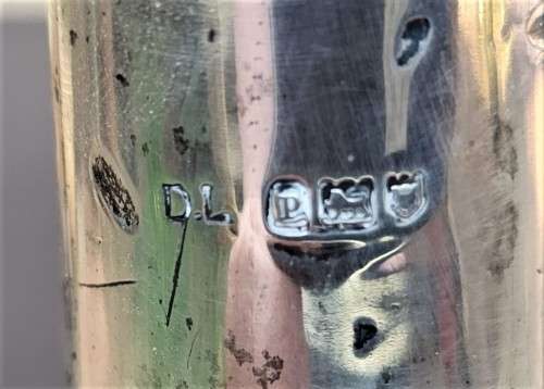 A 1910 DAVID LOEBL SCHINDLER and CO STERLING SILVER COLLAR ON A TALL CYLINDRICAL GLASS SCENT BOTTLE