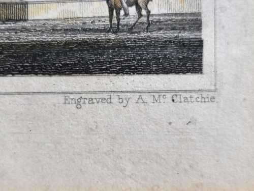 ANTIQUE 1820S SHEPHERD DESIGN AND McCLATCHIE ENGRAVED PRINT WITH SOME HAND COLOURING  BUILDING