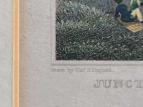 PADDINGTONS JUNCTION ANTIQUE 1820S SHEPHERD DESIGN AND LACEY ENGRAVED PRINT WITH SOME HAND COLOURING