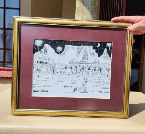 ZAPIRO CARTOON PRINT FRAMED AND SIGNED BY ARTIST IN PENCIL