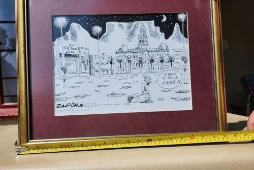 ZAPIRO CARTOON PRINT FRAMED AND SIGNED BY ARTIST IN PENCIL