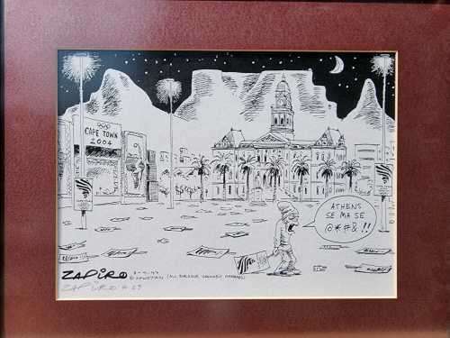ZAPIRO CARTOON PRINT FRAMED AND SIGNED BY ARTIST IN PENCIL