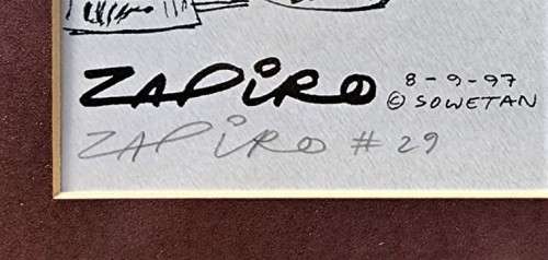 ZAPIRO CARTOON PRINT FRAMED AND SIGNED BY ARTIST IN PENCIL