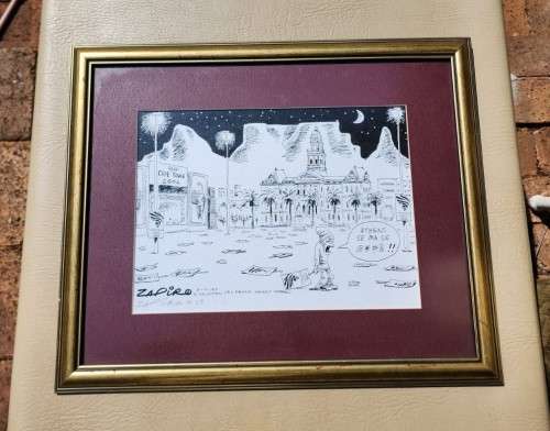ZAPIRO CARTOON PRINT FRAMED AND SIGNED BY ARTIST IN PENCIL