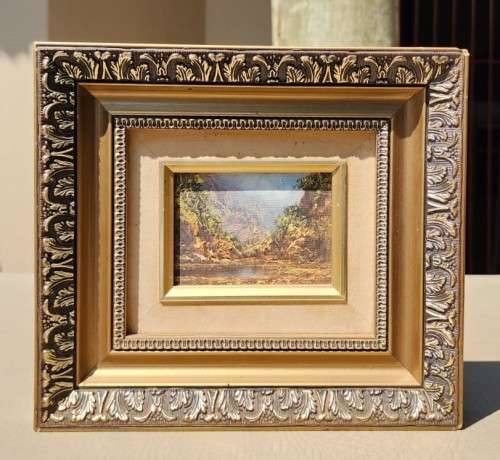 SA LISTED ARTIST LOUIS REPSOLD! (1948-) STUNNING OIL MINIATURE MOUNTAINOUS SCENE WITH WATER