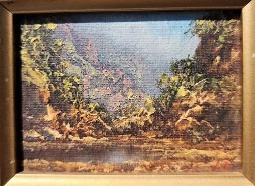 SA LISTED ARTIST LOUIS REPSOLD! (1948-) STUNNING OIL MINIATURE MOUNTAINOUS SCENE WITH WATER