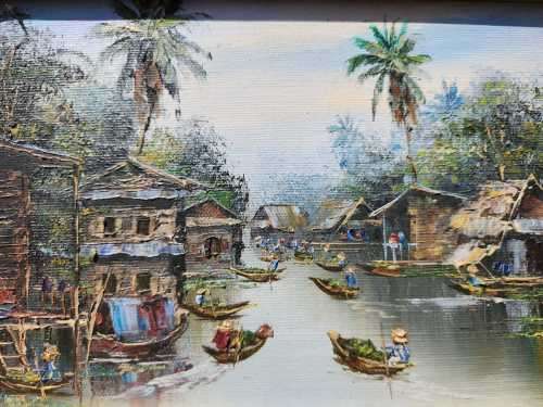 SOUTH EAST ASIA FISHING VILLAGE AN ORIGINAL OIL PAINTING BY VIRATH