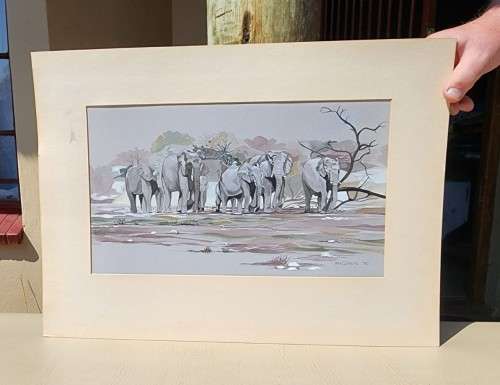 HERD OF ELEPHANTS 1980 ORIGINAL WATERCOLOUR  BY MH CILLIERS (SA ARTIST)