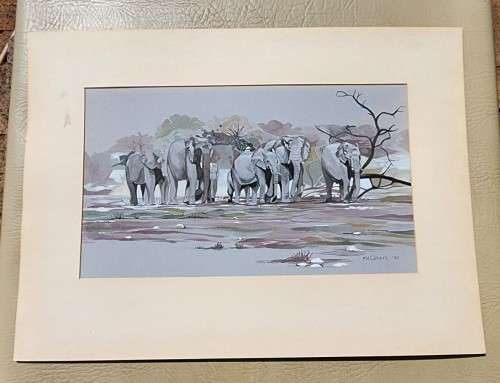 HERD OF ELEPHANTS 1980 ORIGINAL WATERCOLOUR  BY MH CILLIERS (SA ARTIST)