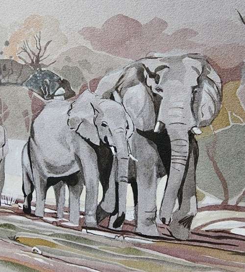 HERD OF ELEPHANTS 1980 ORIGINAL WATERCOLOUR  BY MH CILLIERS (SA ARTIST)