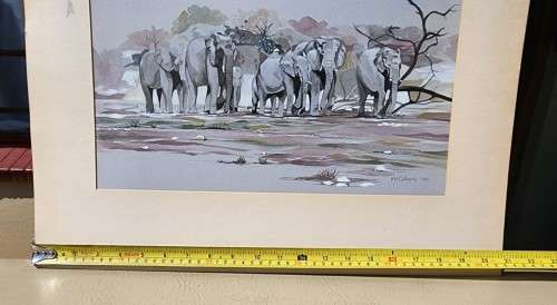 HERD OF ELEPHANTS 1980 ORIGINAL WATERCOLOUR  BY MH CILLIERS (SA ARTIST)