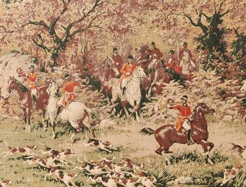 VINTAGE FIRE SCREEN WITH FOX HUNTING SCENE TAPESTRY