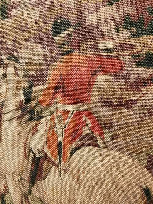 VINTAGE FIRE SCREEN WITH FOX HUNTING SCENE TAPESTRY