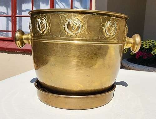 LARGE BRASS PLANTER WITH ROSE EMBOSSED BAND AND DOORKNOB HANDLES