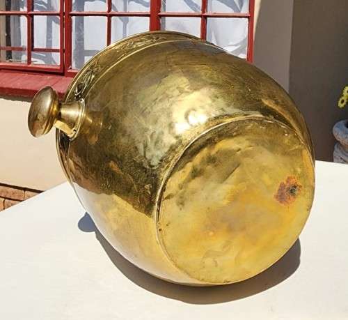 LARGE BRASS PLANTER WITH ROSE EMBOSSED BAND AND DOORKNOB HANDLES