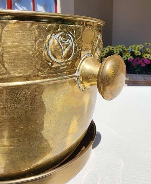 LARGE BRASS PLANTER WITH ROSE EMBOSSED BAND AND DOORKNOB HANDLES