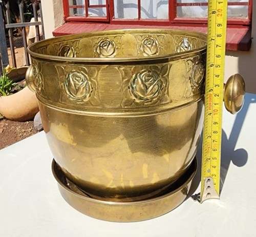 LARGE BRASS PLANTER WITH ROSE EMBOSSED BAND AND DOORKNOB HANDLES
