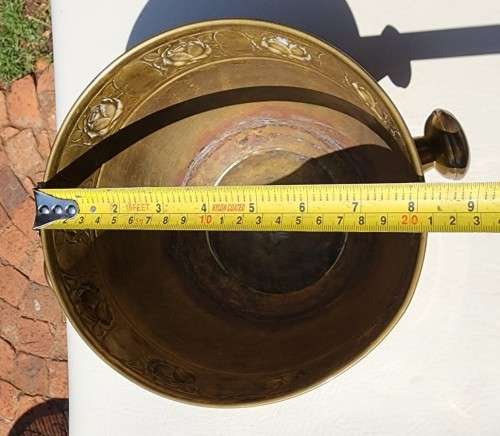 LARGE BRASS PLANTER WITH ROSE EMBOSSED BAND AND DOORKNOB HANDLES