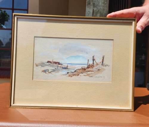 OSWALD GERBER!! (SA ARTIST 1935-present) ORIGINAL 1975 WATERCOLOUR BEACH SCENE PAINTING 1ST OF 3