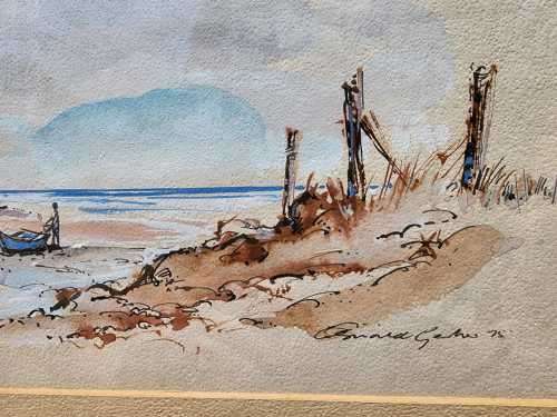 OSWALD GERBER!! (SA ARTIST 1935-present) ORIGINAL 1975 WATERCOLOUR BEACH SCENE PAINTING 1ST OF 3