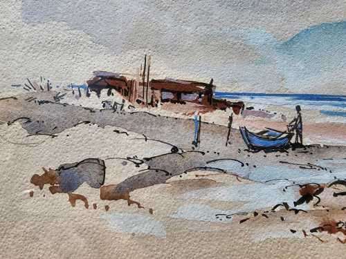 OSWALD GERBER!! (SA ARTIST 1935-present) ORIGINAL 1975 WATERCOLOUR BEACH SCENE PAINTING 1ST OF 3