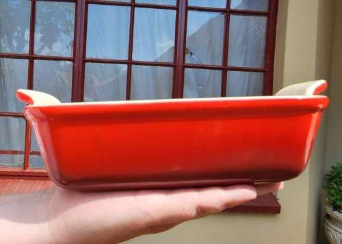 VINTAGE 1990S LE CREUSET FRANCE CERISE RED ENAMELED STONEWARE RECTANGULAR DISH