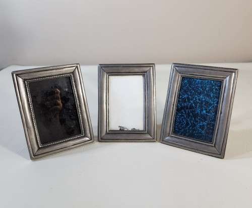 THREE SOLID 95% REAL PEWTER METAL PHOTO FRAMES  WITH GLASS IN FRONT AND TABLE FLIP STANDS