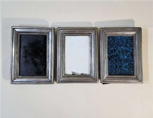 THREE SOLID 95% REAL PEWTER METAL PHOTO FRAMES  WITH GLASS IN FRONT AND TABLE FLIP STANDS