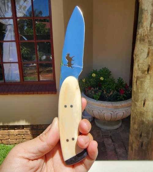 DIETLOFF BASSON WARTHOG TUSK HANDLE FIXED BLADE KNIFE IN CUSTOM WOODEN VELVET LINED BOX  SPOTLESS