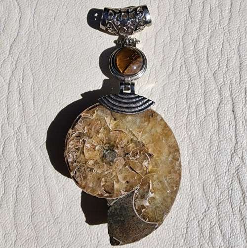 POLISHED AMMONITE FOSSIL WITH A PROTECTIVE TIGER EYE GEMSTONE PENDANT
