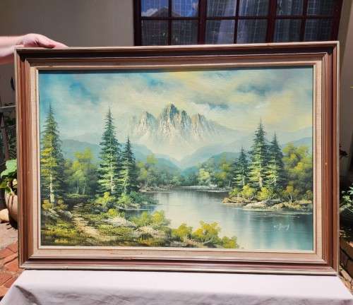VINTAGE ORIGINAL MOUNTAIN RIVER AND PINE TREES LANDSCAPE OIL ON CANVAS BY `W JANY` LARGE 101CM W