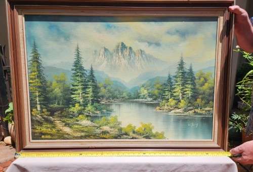 VINTAGE ORIGINAL MOUNTAIN RIVER AND PINE TREES LANDSCAPE OIL ON CANVAS BY `W JANY` LARGE 101CM W