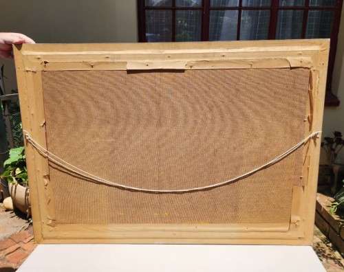 VINTAGE ORIGINAL MOUNTAIN RIVER AND PINE TREES LANDSCAPE OIL ON CANVAS BY `W JANY` LARGE 101CM W