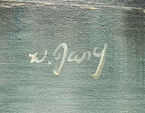 VINTAGE ORIGINAL MOUNTAIN RIVER AND PINE TREES LANDSCAPE OIL ON CANVAS BY `W JANY` LARGE 101CM W