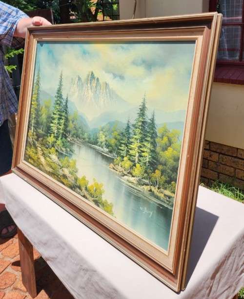 VINTAGE ORIGINAL MOUNTAIN RIVER AND PINE TREES LANDSCAPE OIL ON CANVAS BY `W JANY` LARGE 101CM W