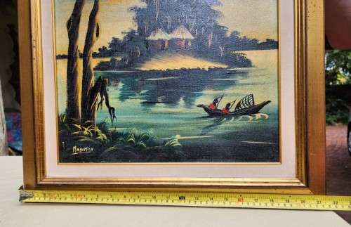 AFRICAN VILLAGE SCENE BY KENYAN ARTIST MADIMBA AN ORIGINAL 1960S OIL ON BOARD