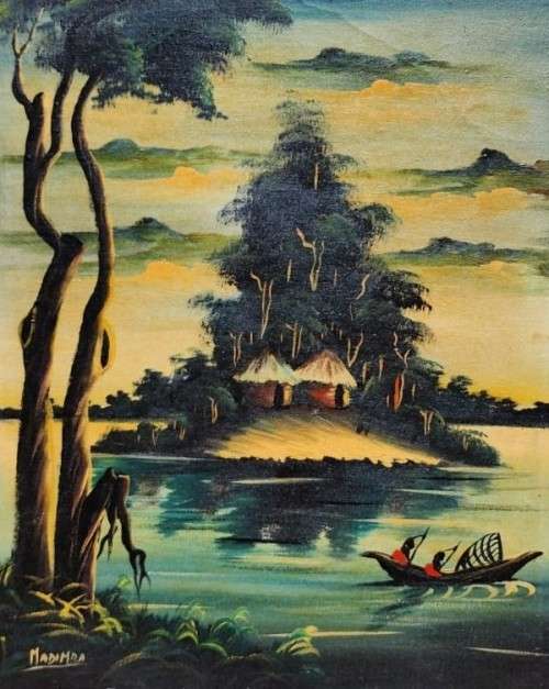 AFRICAN VILLAGE SCENE BY KENYAN ARTIST MADIMBA AN ORIGINAL 1960S OIL ON BOARD