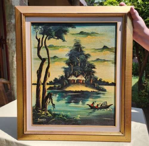 AFRICAN VILLAGE SCENE BY KENYAN ARTIST MADIMBA AN ORIGINAL 1960S OIL ON BOARD