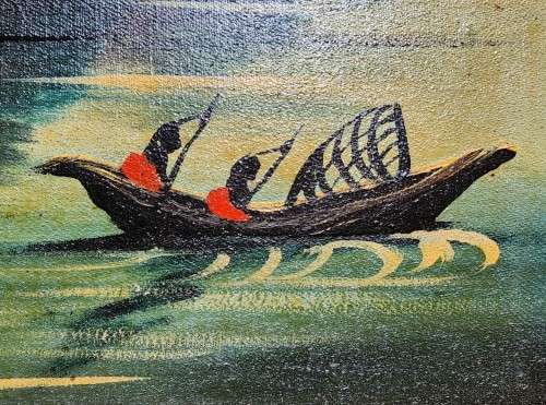 AFRICAN VILLAGE SCENE BY KENYAN ARTIST MADIMBA AN ORIGINAL 1960S OIL ON BOARD