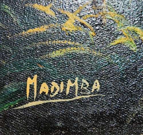 AFRICAN VILLAGE SCENE BY KENYAN ARTIST MADIMBA AN ORIGINAL 1960S OIL ON BOARD