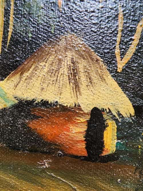 AFRICAN VILLAGE SCENE BY KENYAN ARTIST MADIMBA AN ORIGINAL 1960S OIL ON BOARD