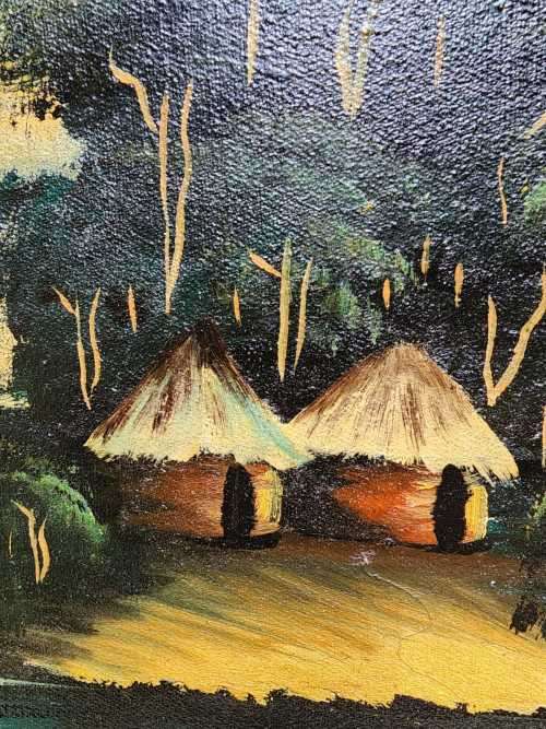 AFRICAN VILLAGE SCENE BY KENYAN ARTIST MADIMBA AN ORIGINAL 1960S OIL ON BOARD