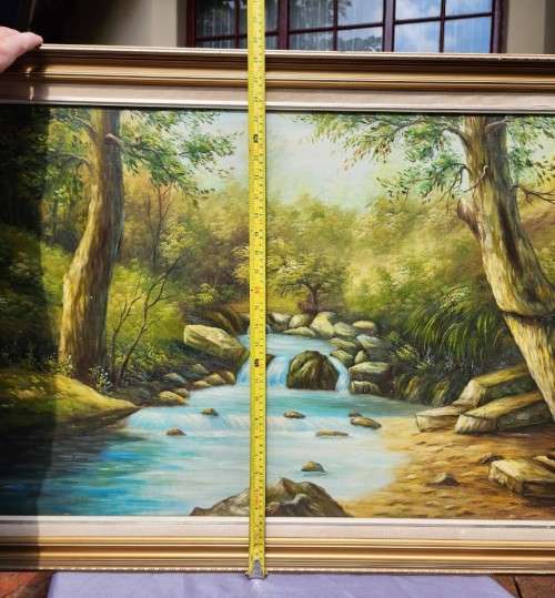 COLOURFUL SIGNED D TANNER WATER LANDSCAPE ORIGINAL VINTAGE OIL ON BOARD LARGE 103CM W 73CM H