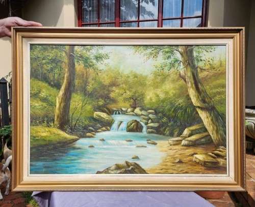 COLOURFUL SIGNED D TANNER WATER LANDSCAPE ORIGINAL VINTAGE OIL ON BOARD LARGE 103CM W 73CM H