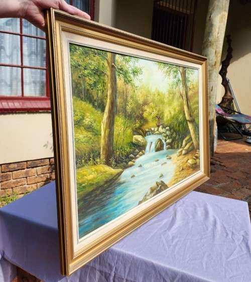 COLOURFUL SIGNED D TANNER WATER LANDSCAPE ORIGINAL VINTAGE OIL ON BOARD LARGE 103CM W 73CM H