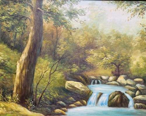 COLOURFUL SIGNED D TANNER WATER LANDSCAPE ORIGINAL VINTAGE OIL ON BOARD LARGE 103CM W 73CM H